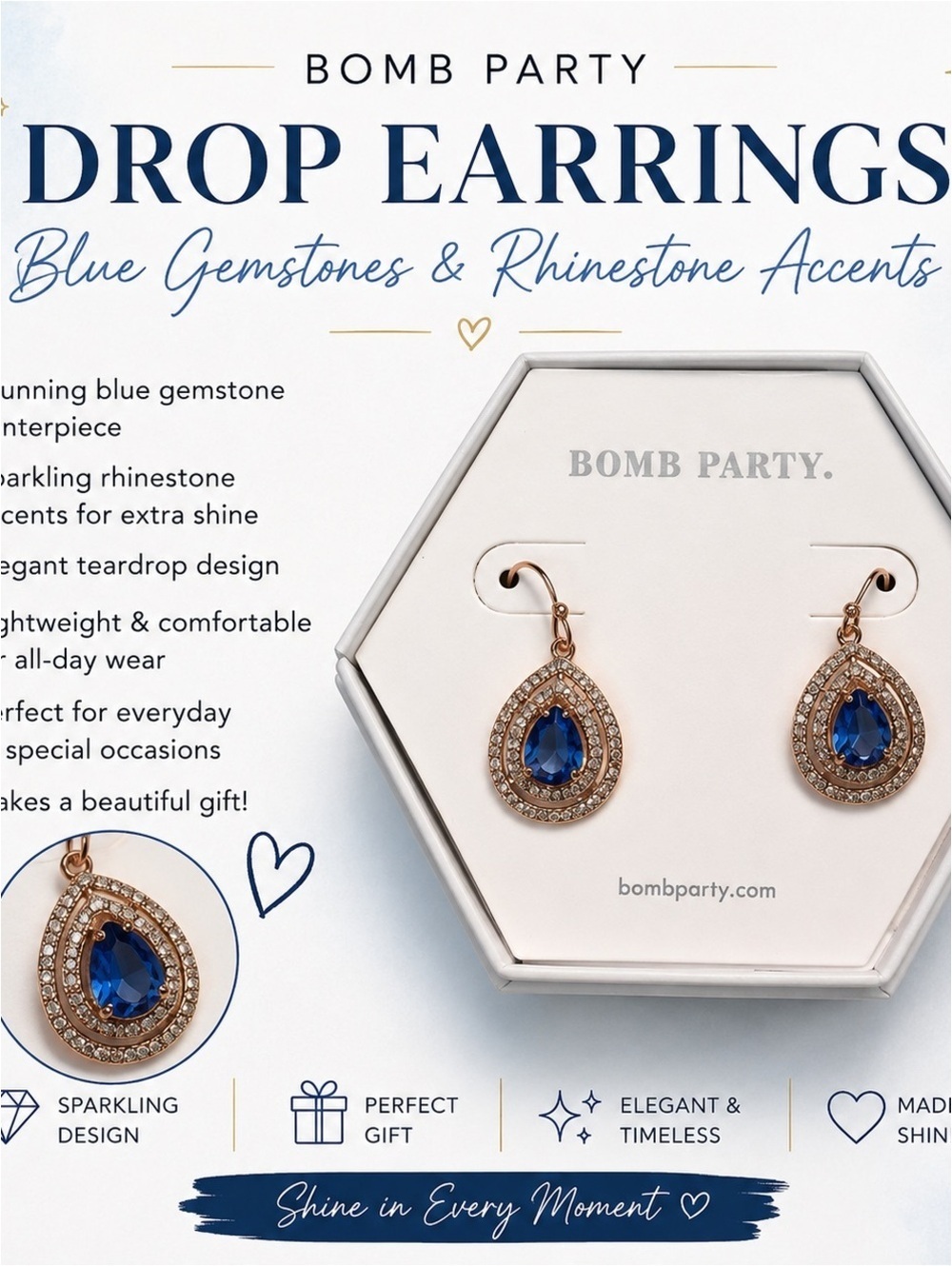 Bomb Party Drop Earrings with Blue Gemstones and Rhinestone Accents